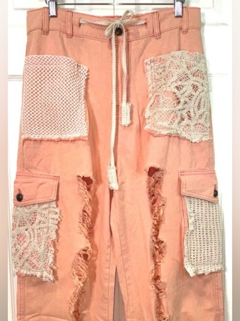 NEW SPECIAL price : POL Peach Distressed Cargo Pants with Lace Patches - Picture 3 of 4